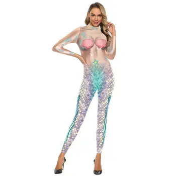 Noua Moda Femei de Imprimare 3D Salopeta Costum de Sirenă Petrecere de Carnaval Cosplay Maneca Lunga Body Feminin Utilaje