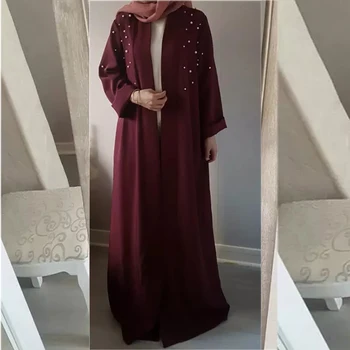 Deschide Abaya Kimono Pentru Femei Culoare Solidă Maxi Halat De Margele Middle East Dubai Caftan Musulmane Islamice Îmbrăcăminte Cardigan Turc De Moda