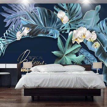 Fotografie Tapet 3D Stereo Albastru Frunze Flori Murală Camera de zi Dormitor Decor Acasă Plante Tropicale Pictura pe Perete Papel De Parede