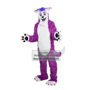 Violet Lungă Cu Blană De Vulpe Lup Câine Husky Mascota Costum Animal Fursuit Adult Personaj De Desene Animate Cosplay Costum Recuzita De Film