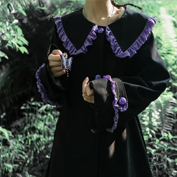 De culoare închisă strat de sex feminin rezistent la uzura împletit violet haină de lână mid-lungime fata kawaii lolita gotic haina pentru ca loli