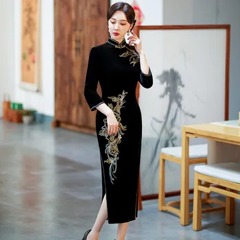 Velur Negru, De Epocă Butonul Qipao Doamna Print Stil Chinezesc Cheongsam Mandarin Guler De Bal Rochie De Petrecere Rochie Sexy Toamna Vestidos