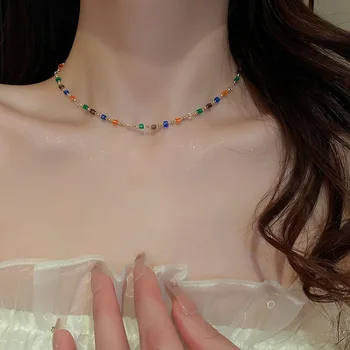 Șirag de mărgele colorate Colier pentru Femei Gât Lanțuri Boho Cravată Coliere Geometrică Pătrat Șirag de mărgele Bijuterii Pe Gât Accesorii de Vară