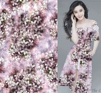 Telas Moda 97% Mulberr Satin de Matase Tesatura Spandex Pentru Rochie Japonia Cârpă Cârpă moale 3d Imprimate Lily Floral Tesatura OEM Speciale