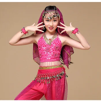 2022 Sari Indian Copii Dans Indian 5-piesa de Dans Burtă Set de Costum (Top+Curea+Fusta+Curea+Voal) Copii Bollywood Dance 4 culori 0