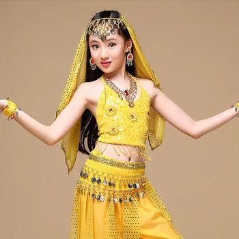2022 Sari Indian Copii Dans Indian 5-piesa de Dans Burtă Set de Costum (Top+Curea+Fusta+Curea+Voal) Copii Bollywood Dance 4 culori 1