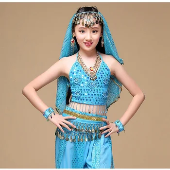 2022 Sari Indian Copii Dans Indian 5-piesa de Dans Burtă Set de Costum (Top+Curea+Fusta+Curea+Voal) Copii Bollywood Dance 4 culori 2