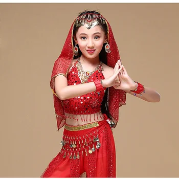 2022 Sari Indian Copii Dans Indian 5-piesa de Dans Burtă Set de Costum (Top+Curea+Fusta+Curea+Voal) Copii Bollywood Dance 4 culori 3