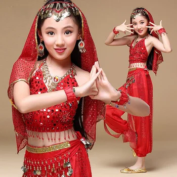2022 Sari Indian Copii Dans Indian 5-piesa de Dans Burtă Set de Costum (Top+Curea+Fusta+Curea+Voal) Copii Bollywood Dance 4 culori 5