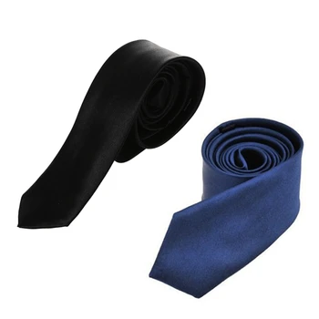 NOU-Poliester Gât Îngust Cravata Skinny Solid Albastru Închis Subțire Cravată Pentru Bărbați (2 Inch Latime Max) & Negru Poliester Skinny Cravată Ne