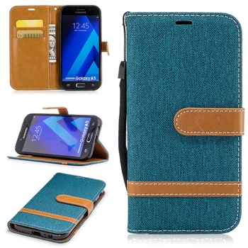 Cowboy Jean&PU Piele Caz pentru Samsung Galaxy A5(2017) A5200 Kickstand Flip Telefon Mobil Caz cu Portofelul Deținătorii de Carduri& Șnur
