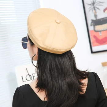 2022 Fata De Moda Doamnelor De Sex Feminin Real Din Piele Octogonal Capace Capac De Vânzător De Ziare De Epocă Capota Bereta Stil Retro Din Piele Hat Pentru Femei