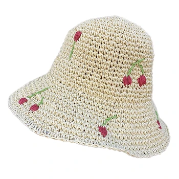 Bucket Hat pentru Femei, Adolescenți Margine Largă Pliabil Moale Pescar Pălărie de Primăvară-Vară Anti-UV Pălărie Croșetat Pălărie Cherry