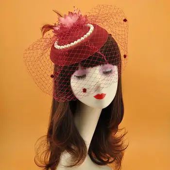 Femeile S-Au Simțit Pălărie Retro Fishnet Manoperă Fin Voal Perla Faux Decor De Păr Perspectivă Mireasa Nunta Doamna Hat Pentru Femei