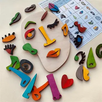 Lemn Montessori Puzzle-Uri Din Lemn Picasso Jucarii Puzzle Pentru Copii Copii Copii Mici Burr-Gratuit Jigsaw Puzzle-Uri Faciale De Învățare Playset 3