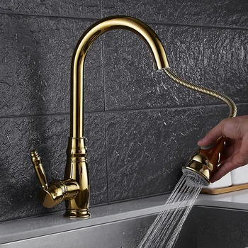Aur robinet de Bucătărie robinet de apă Caldă și rece placa Ceramica supapa Trăgând telescopic, cap de duș