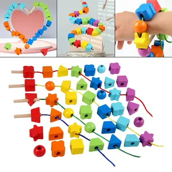 42Pcs mai Multe Culori Jucarii Montessori Educația Timpurie Filetare Margele de Învățare Șir Curcubeu jucarii din Lemn Activitățile de Joc Acasă