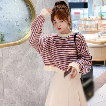 Femei De Primavara Toamna Pulover Pulover Stil Coreean Vrac Exterior Purta Talie Mare Stil Scurt Cu Dungi Pulover Tricotate Bluze