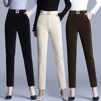 Pantaloni De Catifea Cord Metal Decor Elegant Slim Femei Pantaloni Harem De Sex Feminin De Moda Casual Pantaloni Drept Clasic Coreean Doamnelor Pantaloni Chic