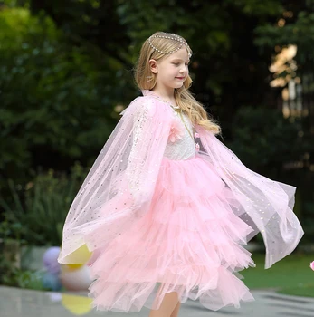 Fată Prințesă Costum Petrecere Cordon cu Paiete, Tul Cape Pelerina Halloween Dress Up Manta pentru Elsa Printesa Jasmine Sofia roz