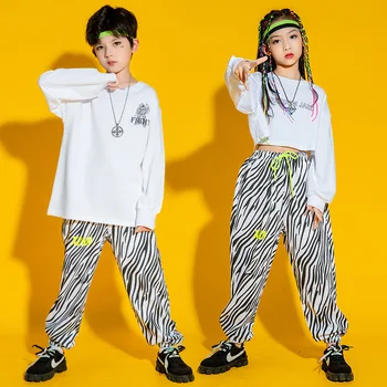 Copil Cool Hip Hop Îmbrăcăminte Tricou Crop Top cu Maneci Lungi Streetwear Zebra Print Pantaloni Jogger pentru Fată Băiat de Dans Costum de Haine