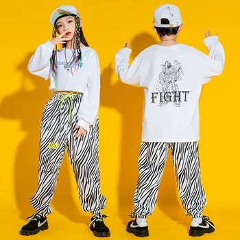 Copil Cool Hip Hop Îmbrăcăminte Tricou Crop Top cu Maneci Lungi Streetwear Zebra Print Pantaloni Jogger pentru Fată Băiat de Dans Costum de Haine 1