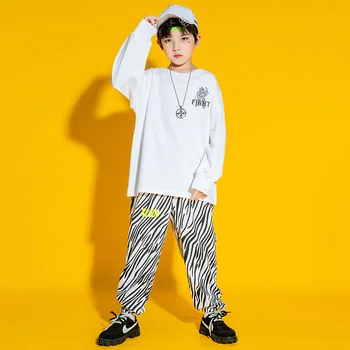 Copil Cool Hip Hop Îmbrăcăminte Tricou Crop Top cu Maneci Lungi Streetwear Zebra Print Pantaloni Jogger pentru Fată Băiat de Dans Costum de Haine 2