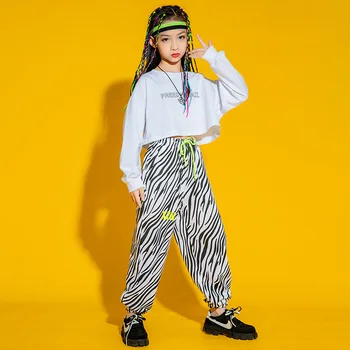 Copil Cool Hip Hop Îmbrăcăminte Tricou Crop Top cu Maneci Lungi Streetwear Zebra Print Pantaloni Jogger pentru Fată Băiat de Dans Costum de Haine 3