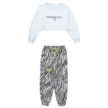 Copil Cool Hip Hop Îmbrăcăminte Tricou Crop Top cu Maneci Lungi Streetwear Zebra Print Pantaloni Jogger pentru Fată Băiat de Dans Costum de Haine 4
