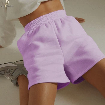 2021 Sexy Femei Casual Pantaloni Sport De Culoare Violet Elastic Talie Mare Largi Picior Pantaloni Scurți Cu Tenta Buzunare Trening Antrenament Fund