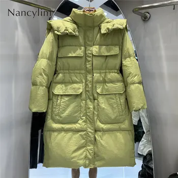 2022 Iarna Puffer Coat pentru Femei Nou Hanorac cu Fermoar Buzunare Peste-Genunchi Capota Îngroșat Cald Alb Rață Jos Paltonul Tretch