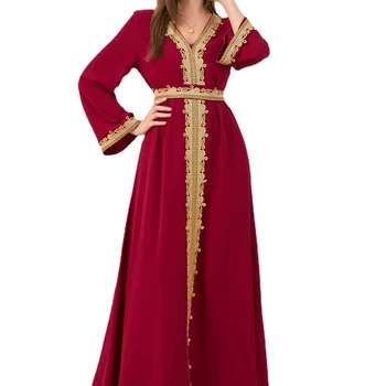 Dubai Abayas 2022 Elegant Dantela Broderie V-Neck Maneca Lunga Rochie De Petrecere Cu Centura Islam Oman, Maroc Rochii Pentru Femei