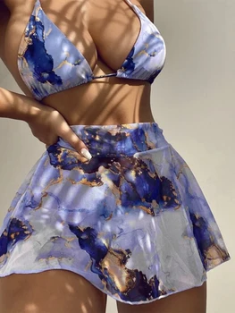 Talie joasa 3 Piece Set de Bikini Femei Imprimate Costum de Baie costum de Baie Cutat Acoperă-up-uri Backless de Vara Costume de baie Sexy Beachwear 2022