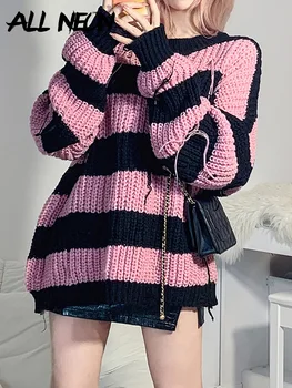 ALLNeon Pastelate Gotic Streetwear Roz și Negru cu Dungi Pulover Supradimensionat Harajuku Egirl Rupt-O-neck Maneca Lunga Tricot Pulovere