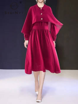 SEQINYY Roșu Rochie Midi de Vara Primăvara anului Nou Design de Moda Femei Pista Mantie Butoane fără Mâneci Ocazional O-Linie High Street
