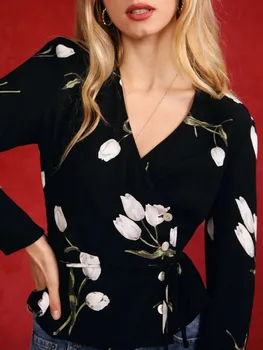 Femei V-Gât Subțire Elegant Folie Bluza Femei cu Mâneci Lungi Tulip Floral Print Shirt și Topuri Cu Butoane 2022 Noi