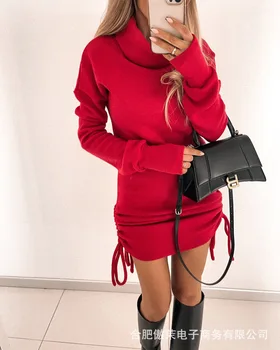 2022 Toamna și Iarna Femei Nou de Înaltă gât Cordon Rochie Plisată, de culoare Roșie cu mâneci Lungi Slim Rochie Casual