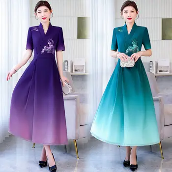 2022 Vară Stil Chinezesc de Mătase Broderie Rochie Femei, cu Maneci Scurte Cheongsam Slim Fit Parțială Rever Gradient Rochie Lunga h2249