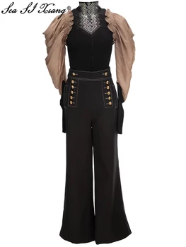 Seasixiang Designer De Toamna Pentru Femei Costum Stand Guler Ștrasuri Din Mărgele Puff Maneca Tricotat Mozaic Top+Pantaloni Flare Vintage Set De Două Piese