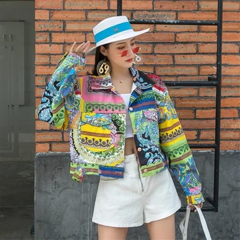 Hip-Hop pentru Femei Jachete din Denim Moda Tipărite Rever Maneca Lunga Scurte Vrac Streetwear Toamna anului Nou Женская куртка