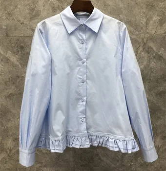Nou Stil coreean Bluze 2022 Primavara-Vara Tricouri Femei Guler de Turn-down Înapoi Zburli Maneca Lunga Casual Tricouri Largi Alb Albastru