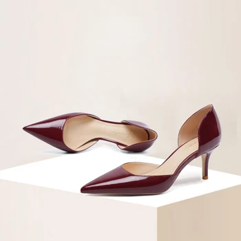 Din Piele de brevet de Vin Roșu Tocuri inalte Femei Sexy Petrecere Pompe de Gol a Subliniat Toe Mediu Slip-on Uzura de zi cu Zi de Muncă Unic Pantofi