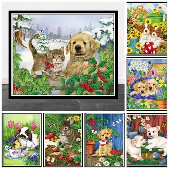 Diy 5d Animale Desene animate Drăguț Câine Și Iepure Diamant Pictura Catelus Cu Flori Mozaic de Arta cruciulițe Pătrat Complet Kit Decor Acasă