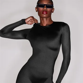 Toamna Negru Lung Salopeta Full Body Pentru Femei Noi Solidă Talie Mare Slim Sport Body Haine Pentru Femei