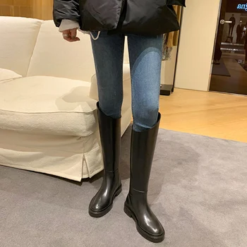 Noul Negru Genunchi-Cizme Femei Rotund Deget de la picior Plat Cavaler Cizme Pantofi de Iarna pentru Femei Slip-On Botines Mujer Cizme Femei Botas de mujer