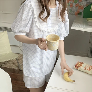 O-Gât Volane Kawaii Vara Set De Pijama Femei Kawaii Coreean Acasă Costum Casual De Bumbac Vrac Acasă Haine Moi Homewear