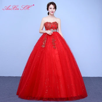 AnXin SH flori dantelă roșie strălucitoare rochie de mireasa turcia prințesă strapless fără mâneci esarfe ștrasuri din mărgele de cristal funda rosie rochie de mireasa