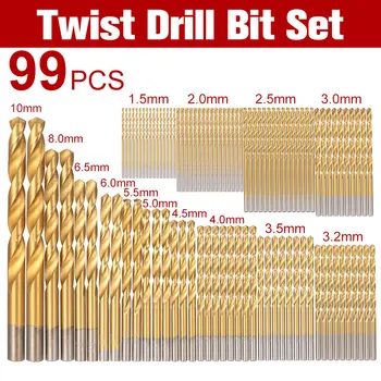 99pcs 1.5-10 mm Burghie Biți Kit cu Cazul de Titan Nitrurat Burghiu de 1.5-3.2 mm, HSS Acoperit cu Titan Twist Drill Bit Setat
