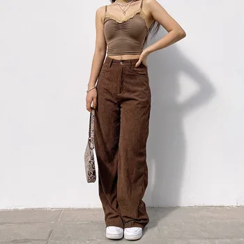 Vintage Supradimensionate, Pantaloni De Catifea Cord Pantaloni Largi Femei Harajuku Maro Largi Picior Pantaloni Streetwear Jogger De Înaltă Talie Pantaloni De Vară 2021 Fata